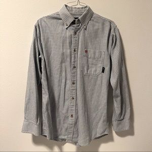 ARIAT FR flame retardant Black White & Blue Work Shirt Cotton Medium Stained